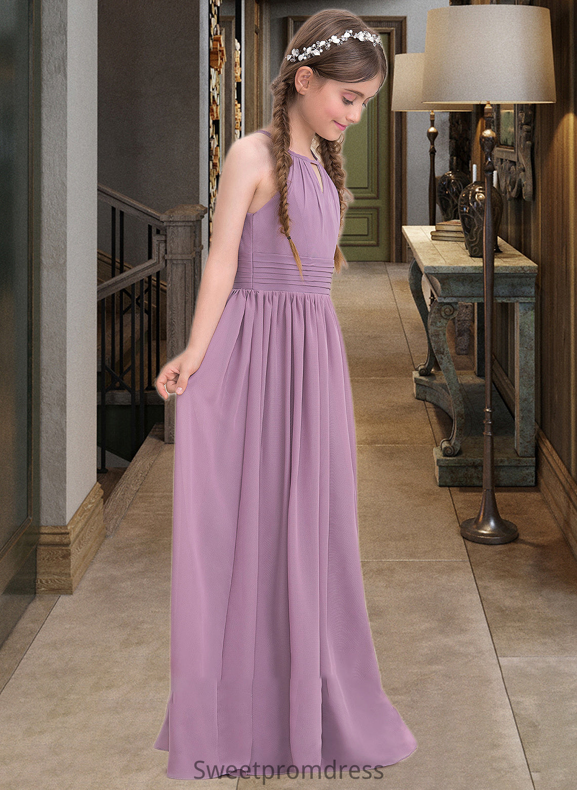 Magdalena A-LineScoopNeckFloor-LengthChiffonJuniorBridesmaidDressWithRuffle#119580 DHP0013647