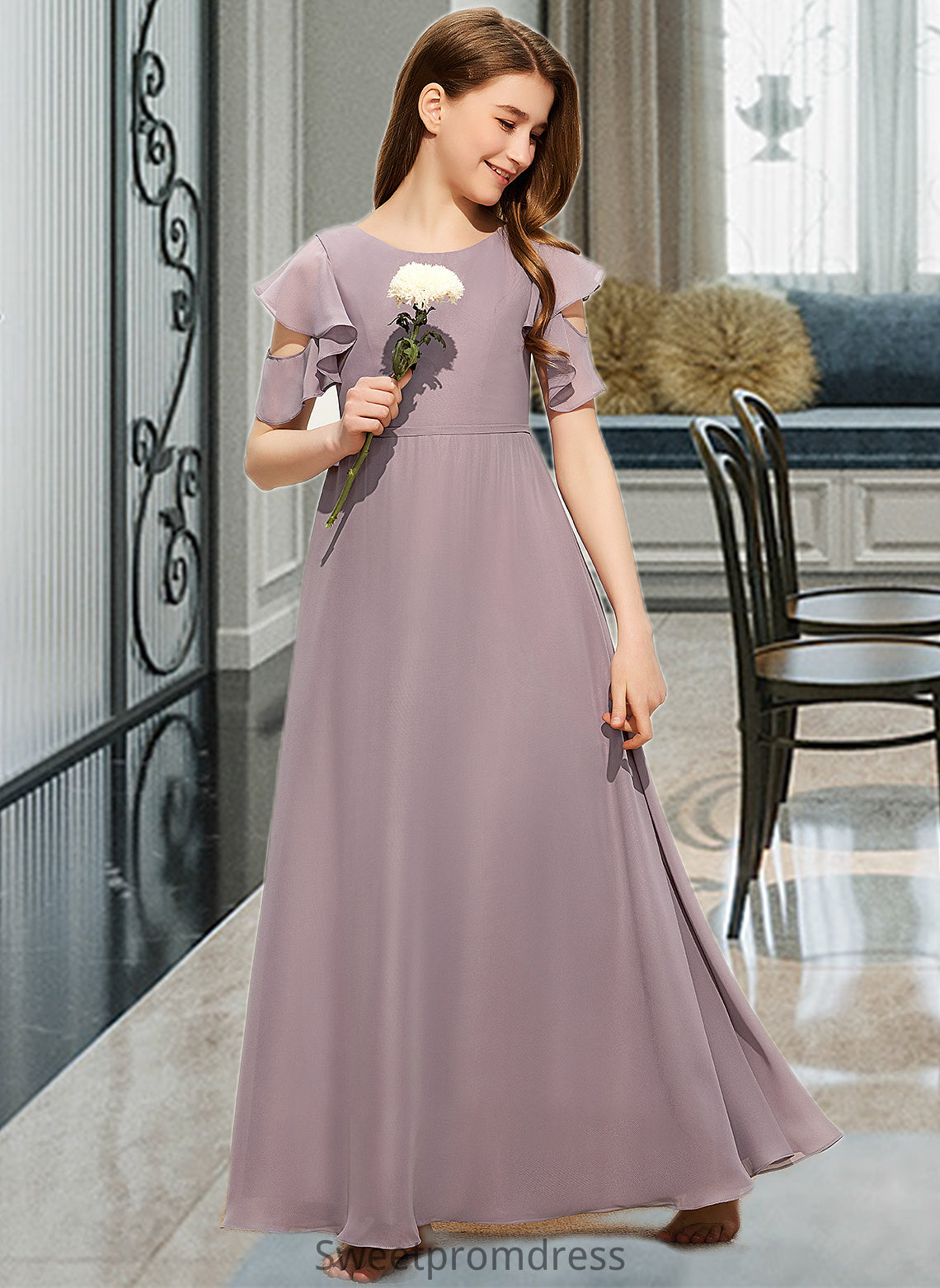 Macy A-Line Scoop Neck Floor-Length Chiffon Junior Bridesmaid Dress With Cascading Ruffles DHP0013649