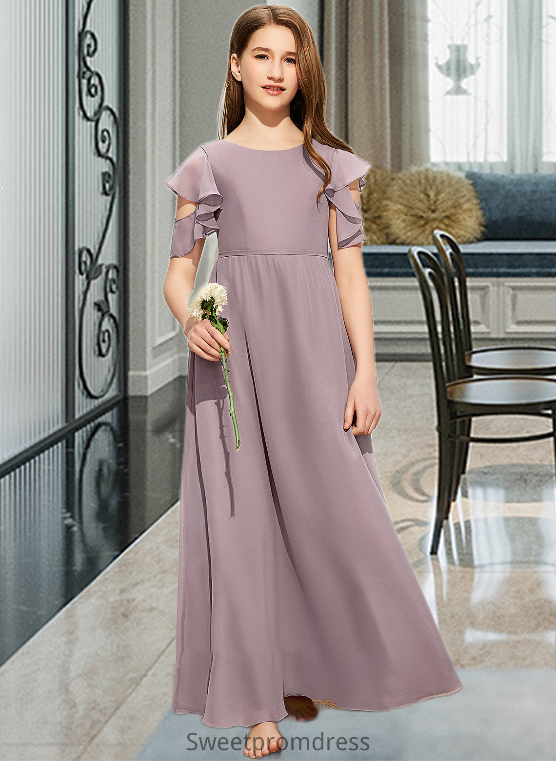 Macy A-Line Scoop Neck Floor-Length Chiffon Junior Bridesmaid Dress With Cascading Ruffles DHP0013649