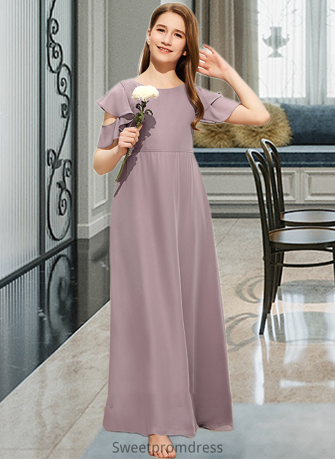 Macy A-Line Scoop Neck Floor-Length Chiffon Junior Bridesmaid Dress With Cascading Ruffles DHP0013649