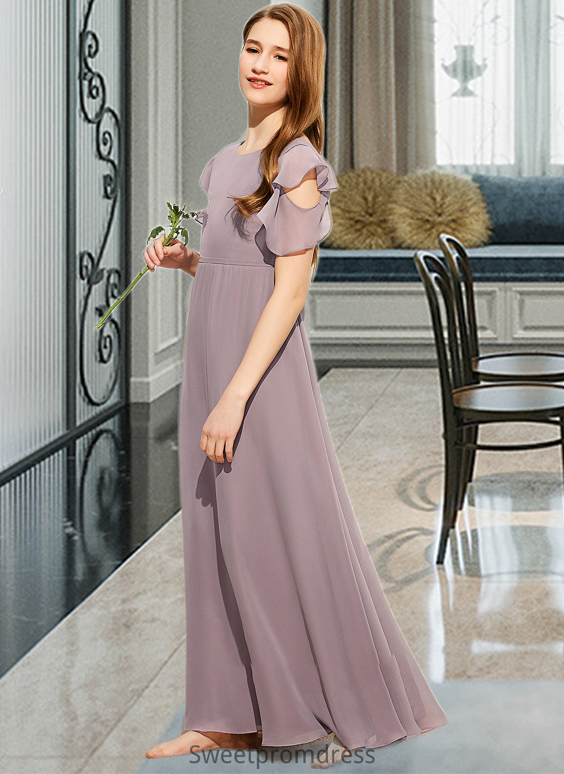 Macy A-Line Scoop Neck Floor-Length Chiffon Junior Bridesmaid Dress With Cascading Ruffles DHP0013649