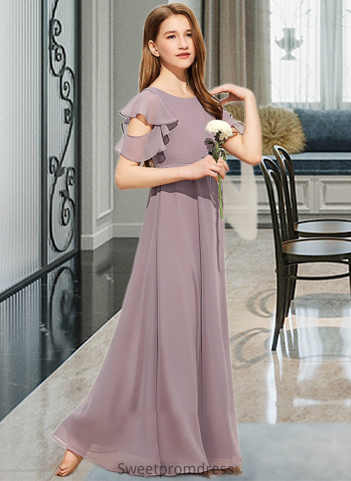 Macy A-Line Scoop Neck Floor-Length Chiffon Junior Bridesmaid Dress With Cascading Ruffles DHP0013649