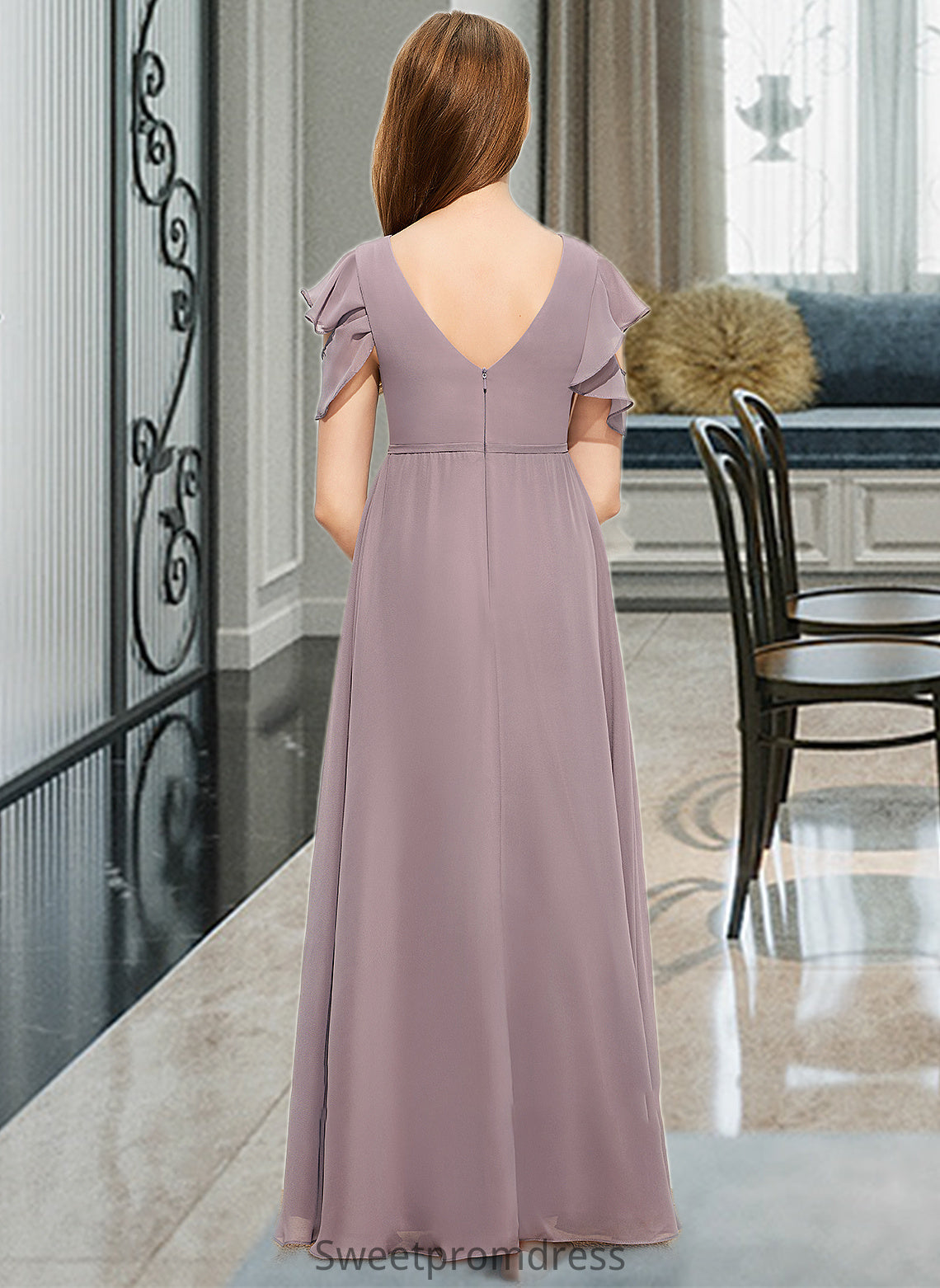 Macy A-Line Scoop Neck Floor-Length Chiffon Junior Bridesmaid Dress With Cascading Ruffles DHP0013649