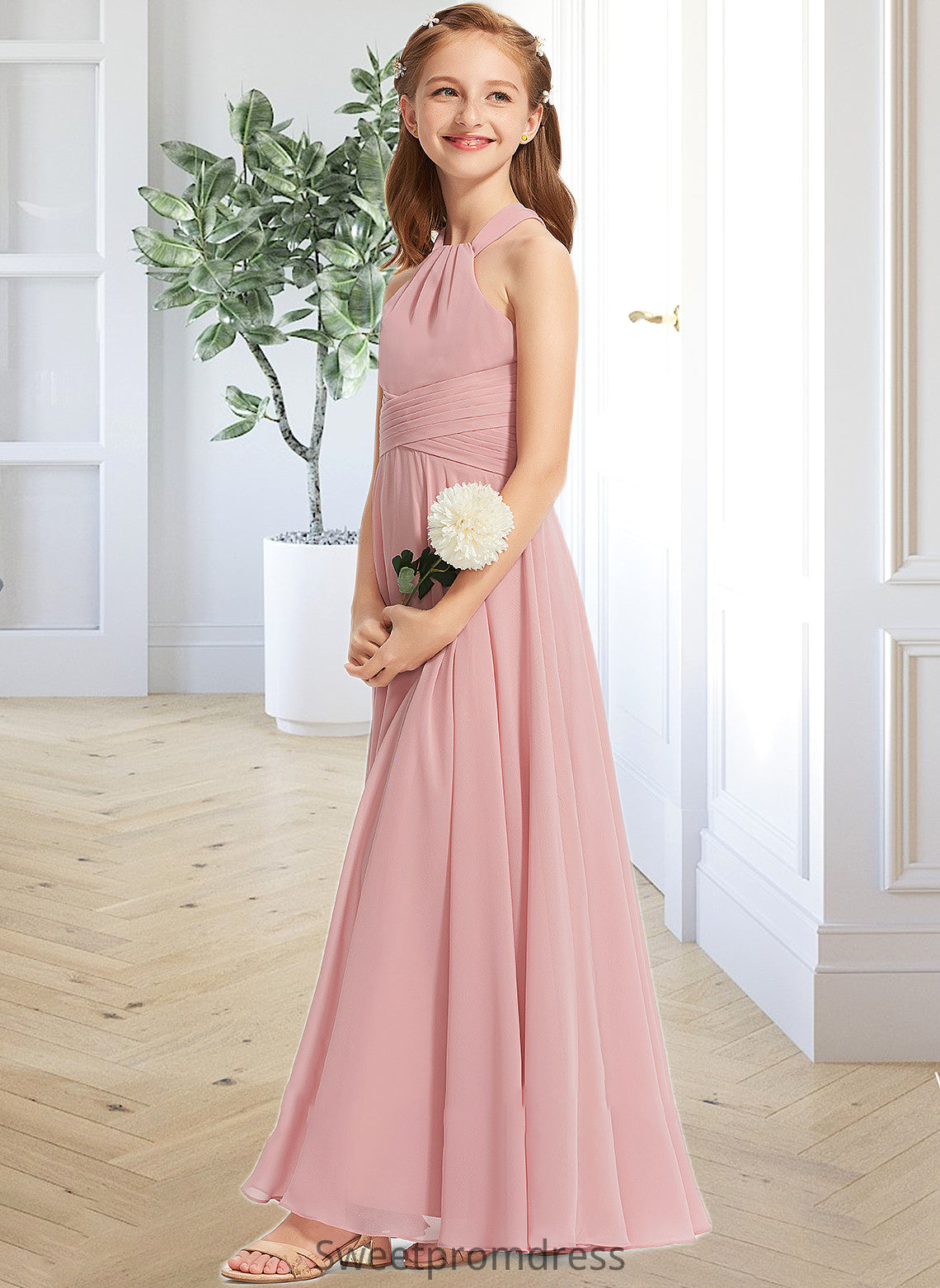 Alula A-Line Square Neckline Floor-Length Chiffon Junior Bridesmaid Dress With Ruffle DHP0013651