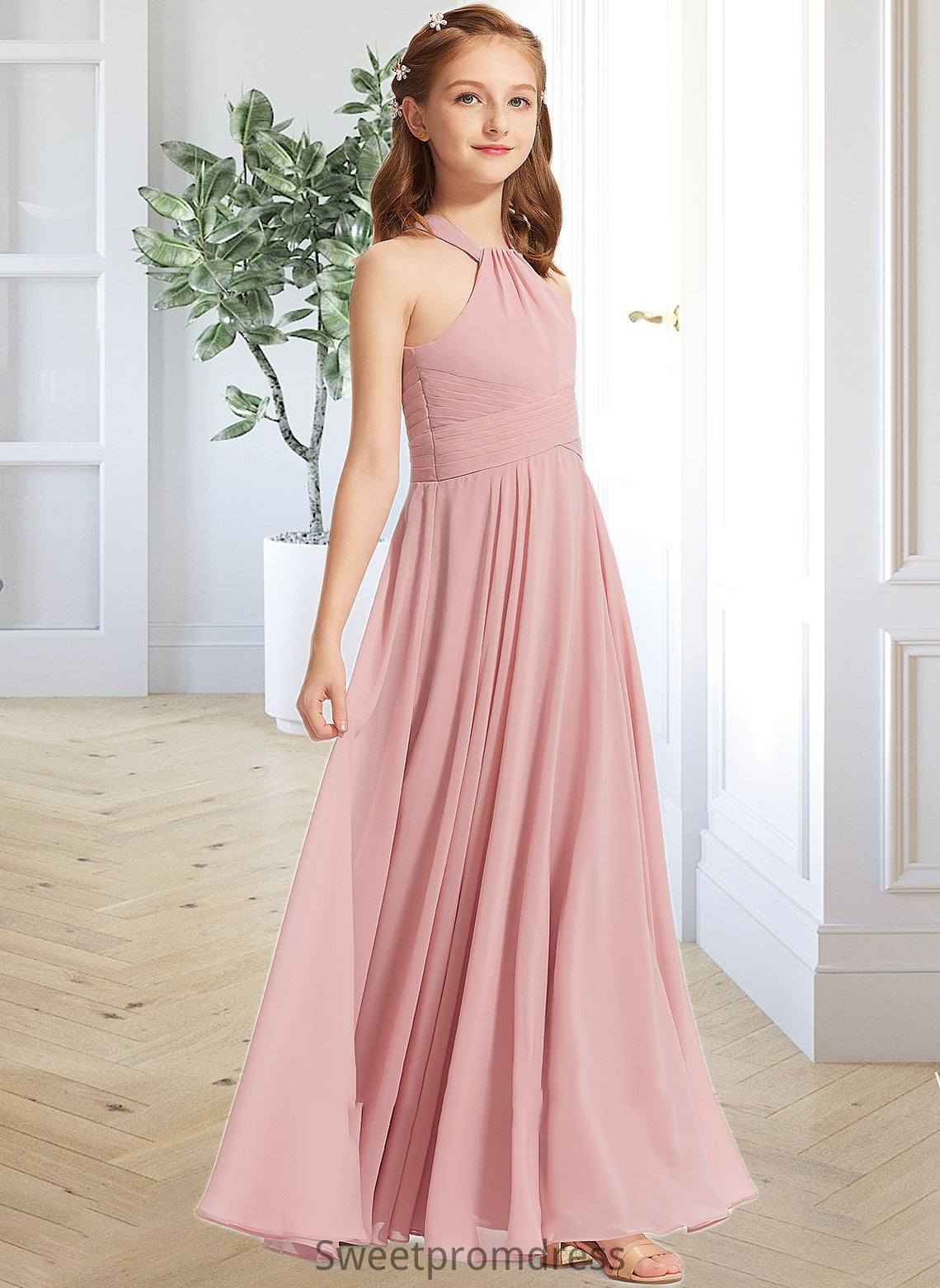 Alula A-Line Square Neckline Floor-Length Chiffon Junior Bridesmaid Dress With Ruffle DHP0013651