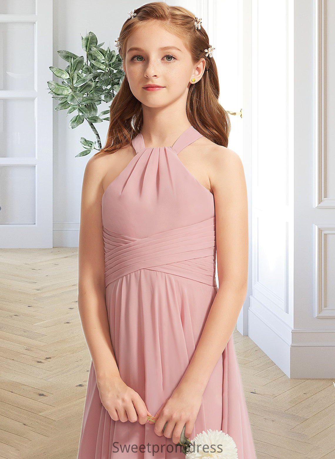 Alula A-Line Square Neckline Floor-Length Chiffon Junior Bridesmaid Dress With Ruffle DHP0013651