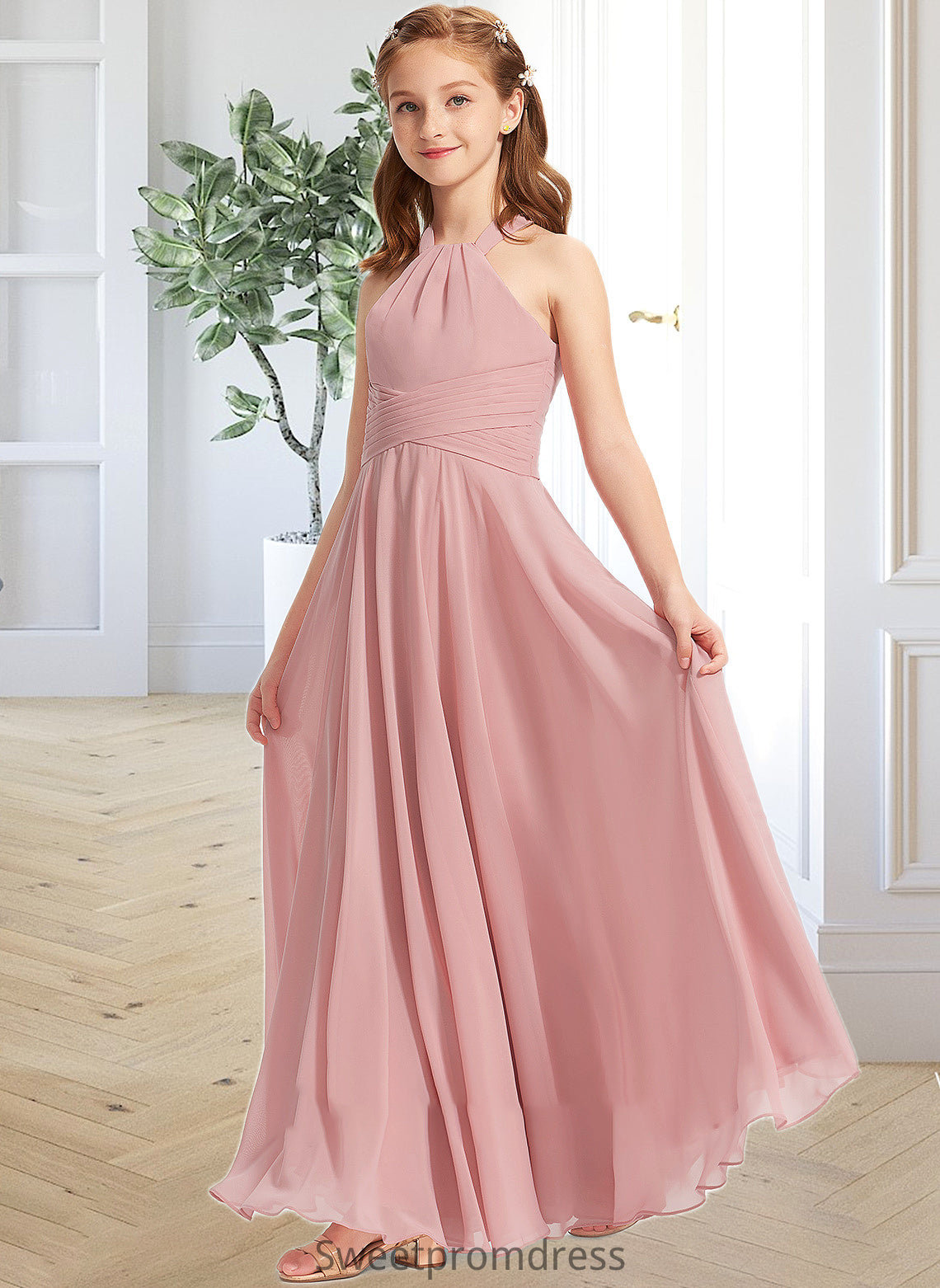 Alula A-Line Square Neckline Floor-Length Chiffon Junior Bridesmaid Dress With Ruffle DHP0013651