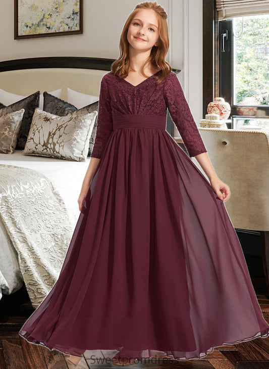 Valerie A-Line V-neck Floor-Length Chiffon Lace Junior Bridesmaid Dress DHP0013652