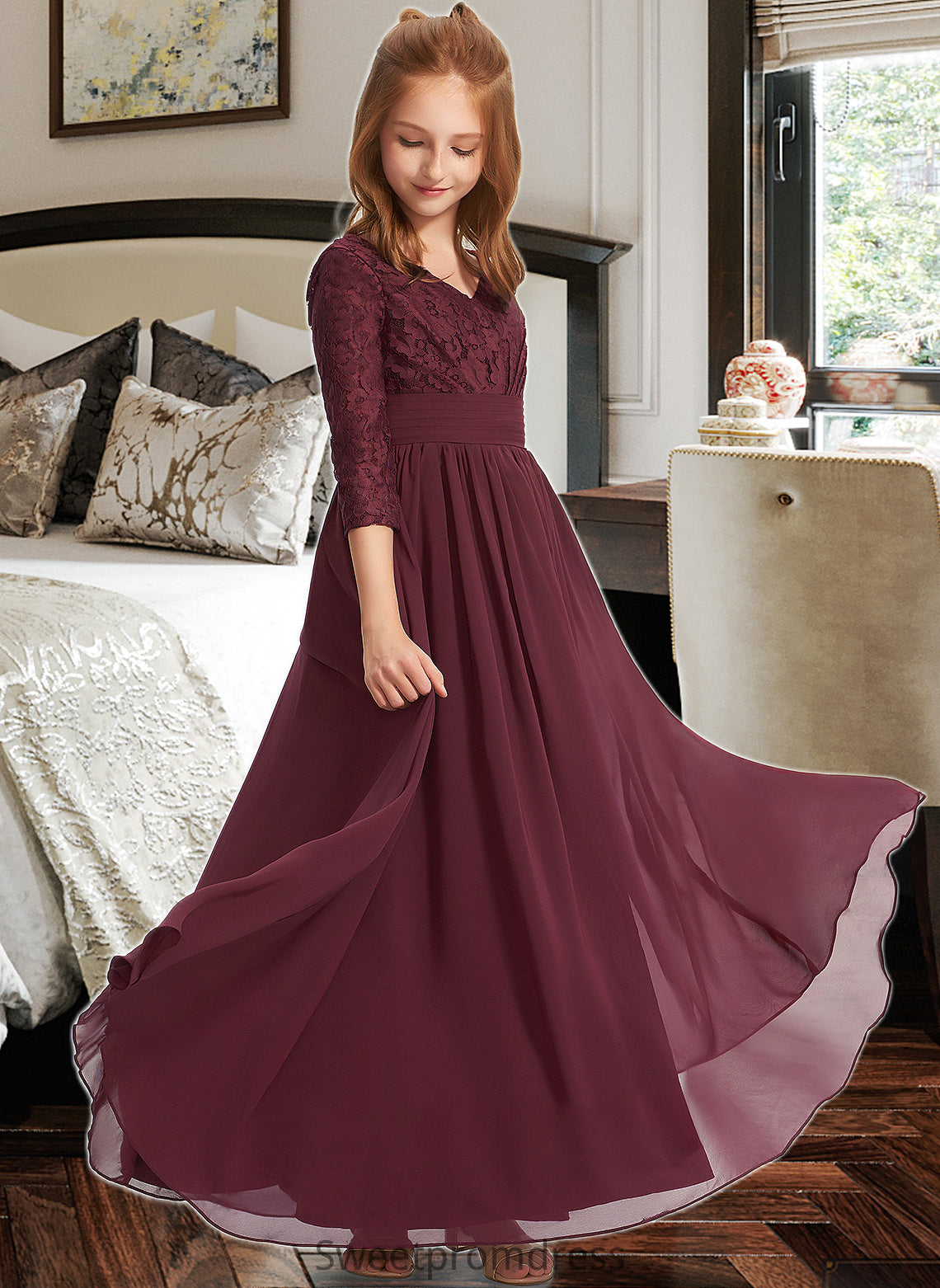 Valerie A-Line V-neck Floor-Length Chiffon Lace Junior Bridesmaid Dress DHP0013652