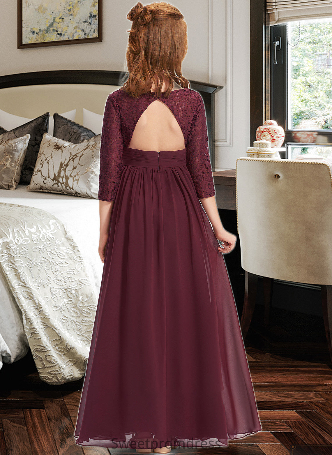 Valerie A-Line V-neck Floor-Length Chiffon Lace Junior Bridesmaid Dress DHP0013652