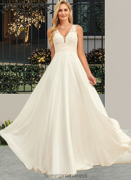 Carolina A-Line V-neck Sweep Train Chiffon Lace Wedding Dress With Lace DHP0013677