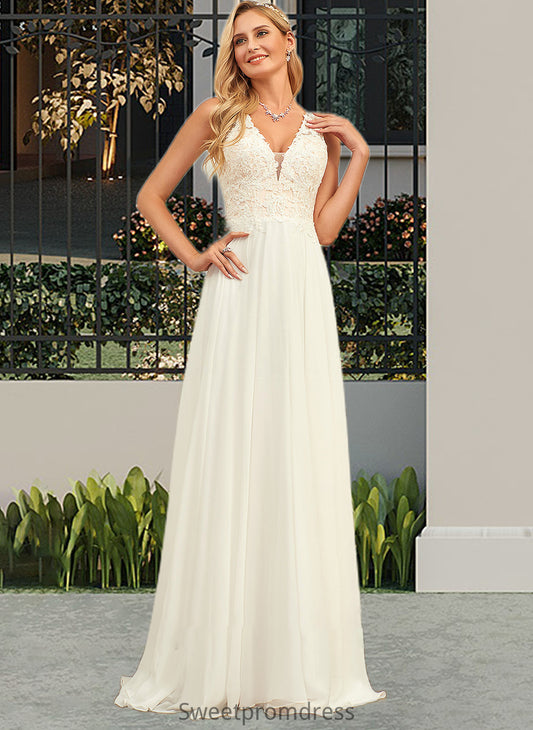 Carolina A-Line V-neck Sweep Train Chiffon Lace Wedding Dress With Lace DHP0013677