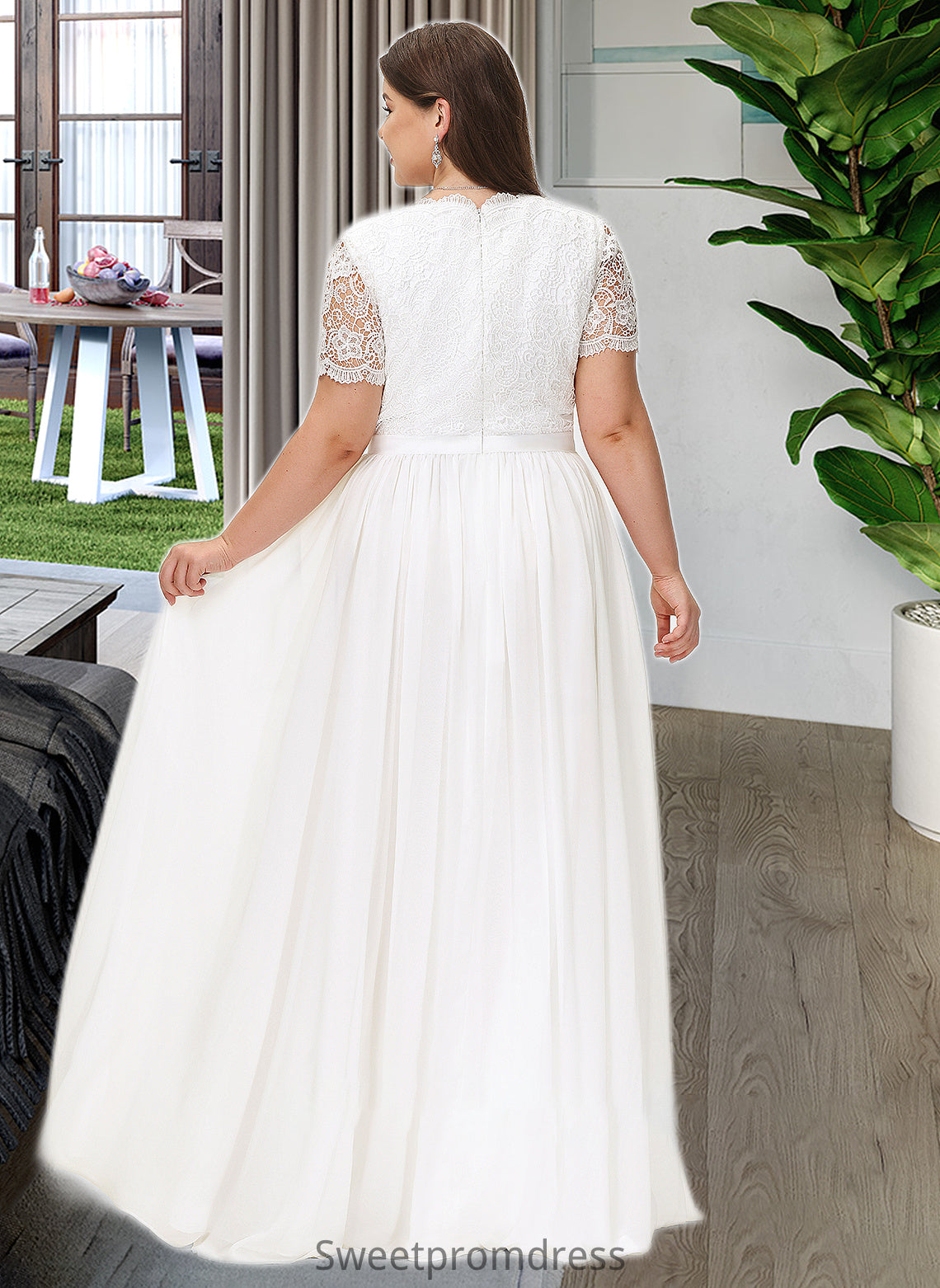 Pancy A-Line V-neck Floor-Length Chiffon Lace Wedding Dress DHP0013678