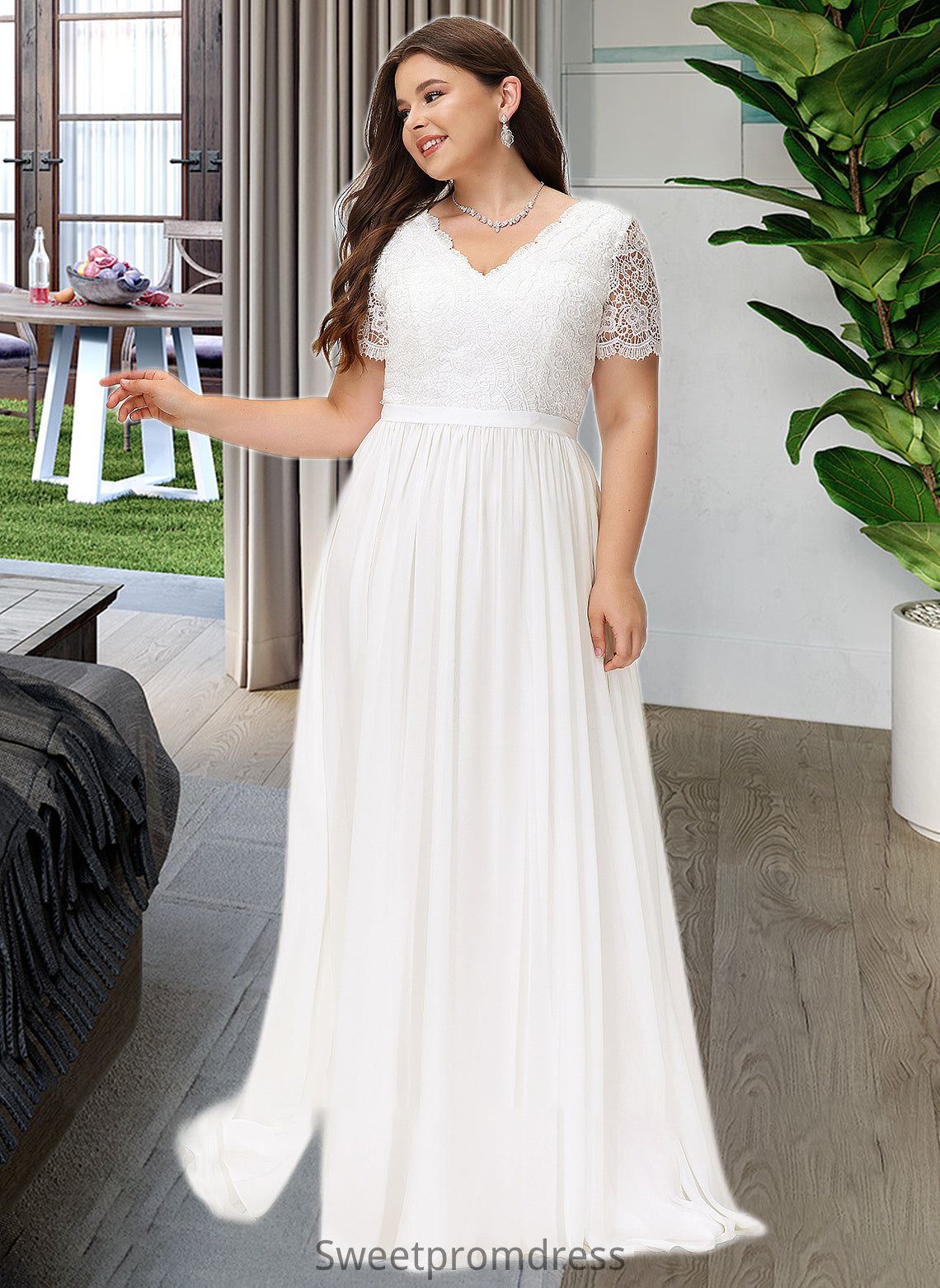 Pancy A-Line V-neck Floor-Length Chiffon Lace Wedding Dress DHP0013678