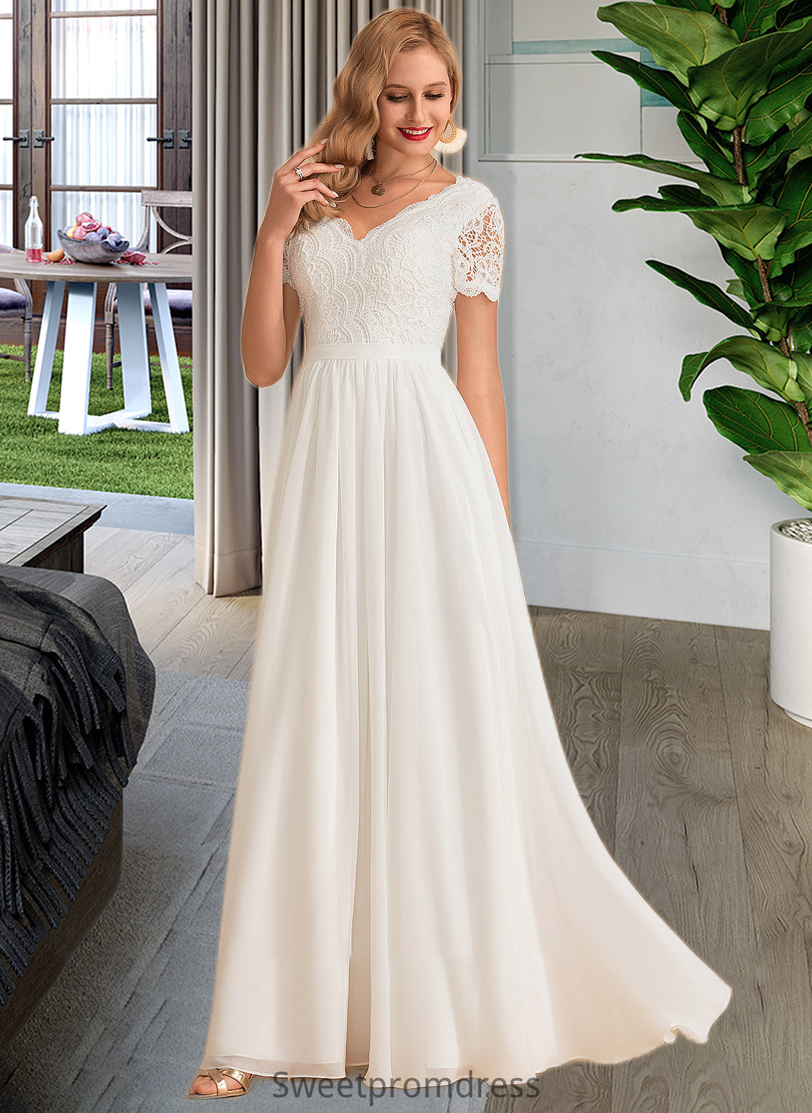 Pancy A-Line V-neck Floor-Length Chiffon Lace Wedding Dress DHP0013678