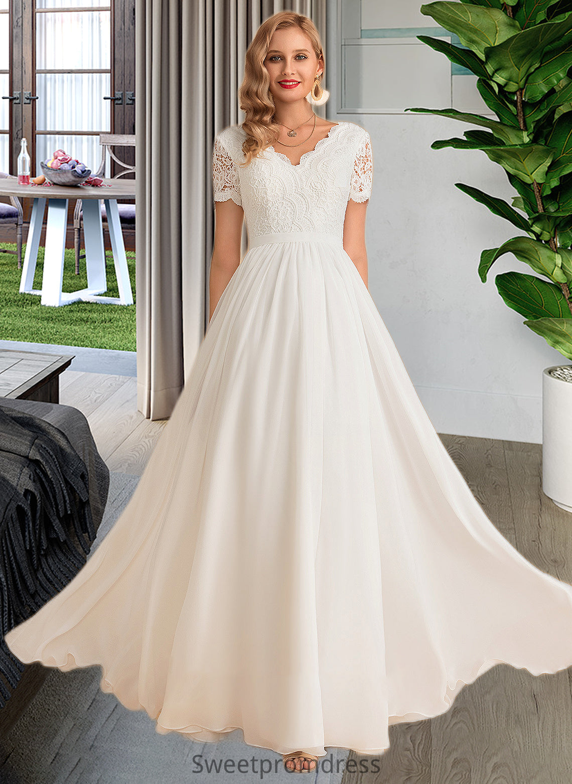 Pancy A-Line V-neck Floor-Length Chiffon Lace Wedding Dress DHP0013678