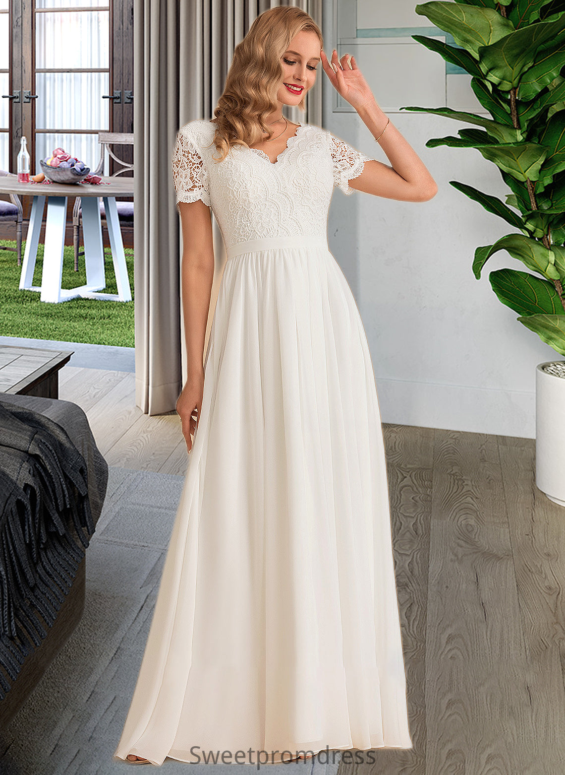 Pancy A-Line V-neck Floor-Length Chiffon Lace Wedding Dress DHP0013678