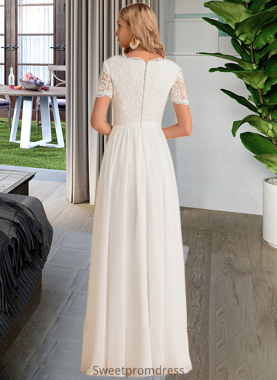 Pancy A-Line V-neck Floor-Length Chiffon Lace Wedding Dress DHP0013678