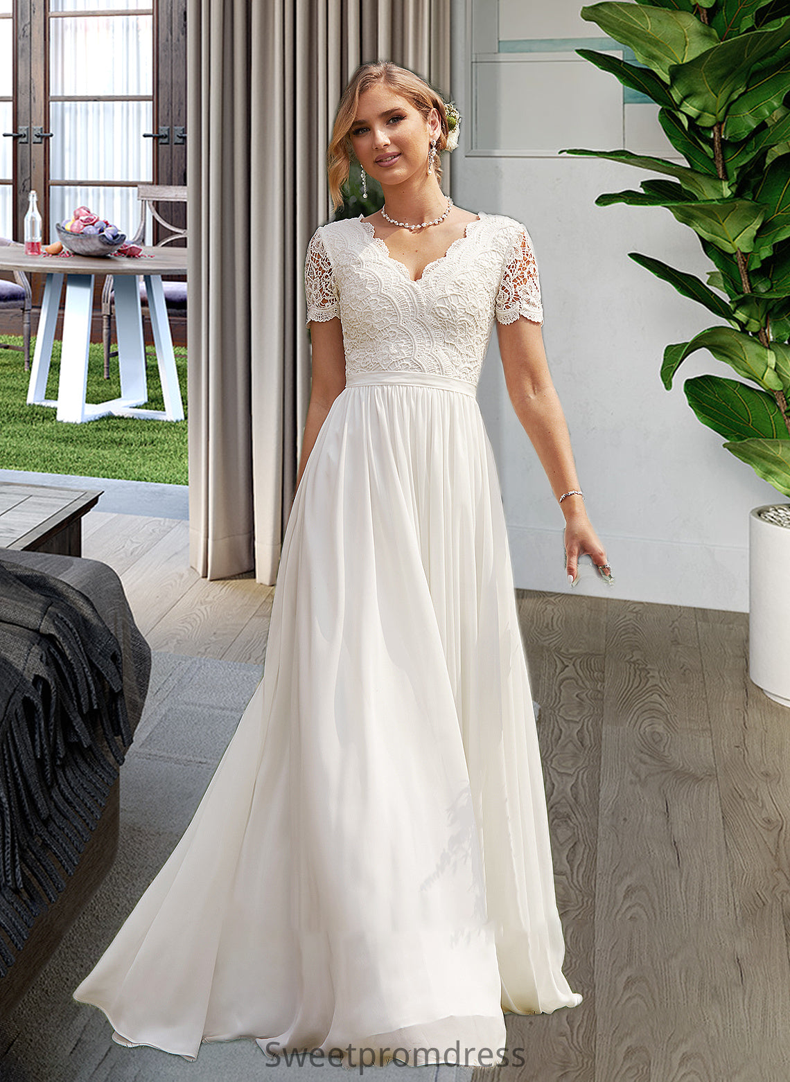 Pancy A-Line V-neck Floor-Length Chiffon Lace Wedding Dress DHP0013678