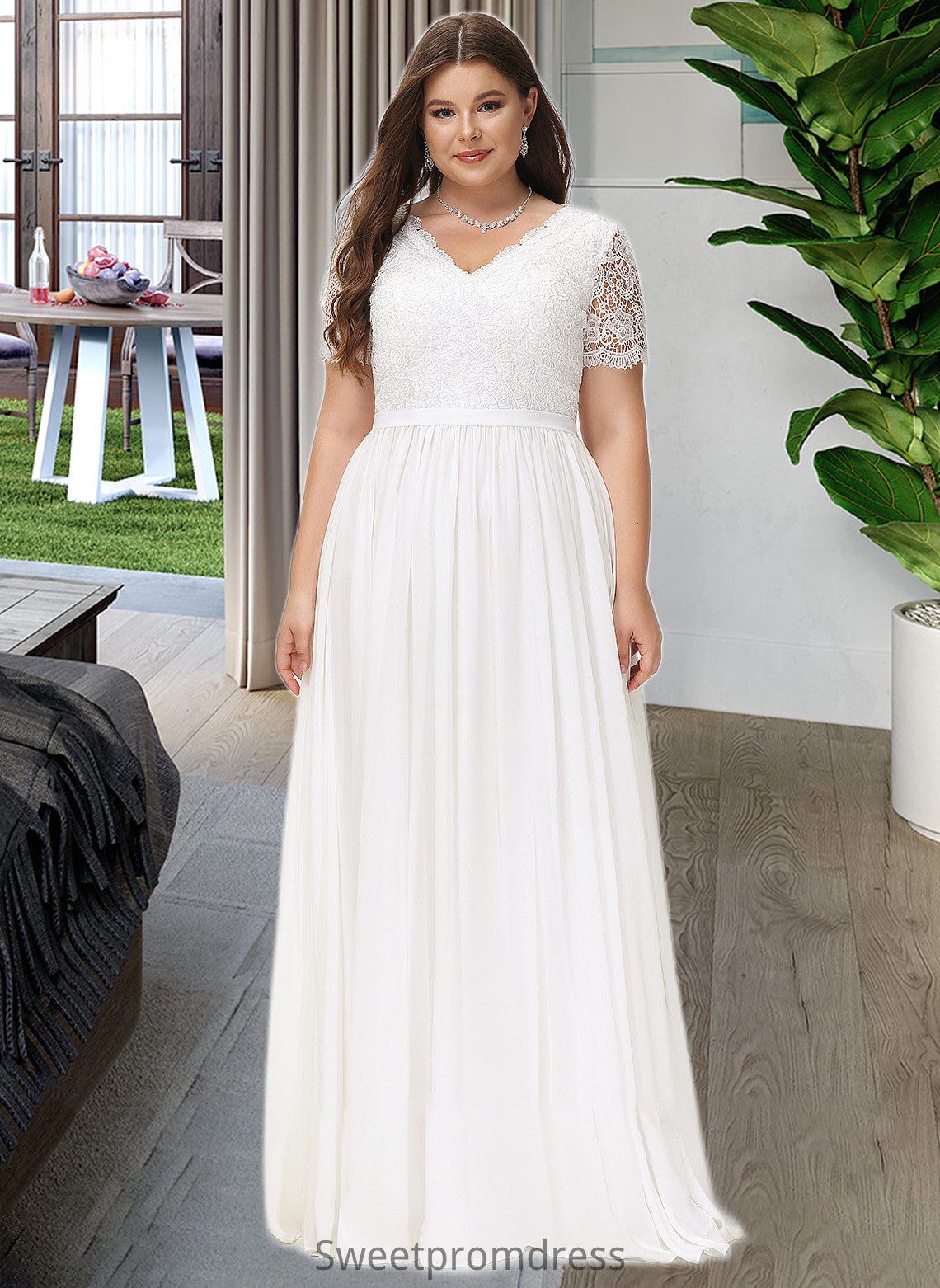 Pancy A-Line V-neck Floor-Length Chiffon Lace Wedding Dress DHP0013678