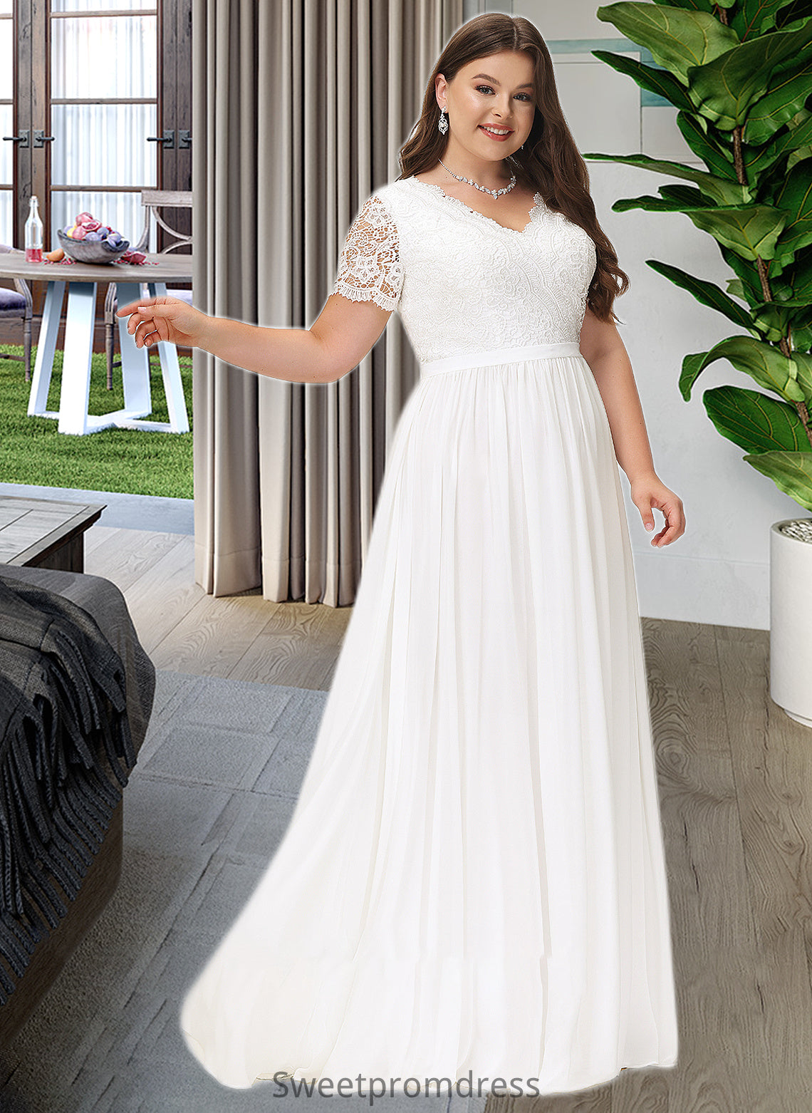 Pancy A-Line V-neck Floor-Length Chiffon Lace Wedding Dress DHP0013678