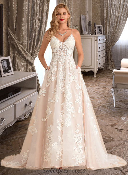 Danica Ball-Gown/Princess V-neck Court Train Tulle Lace Wedding Dress With Beading Pockets DHP0013679