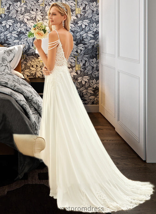 Adrienne A-Line V-neck Sweep Train Chiffon Lace Wedding Dress With Beading Sequins DHP0013681