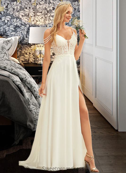 Adrienne A-Line V-neck Sweep Train Chiffon Lace Wedding Dress With Beading Sequins DHP0013681