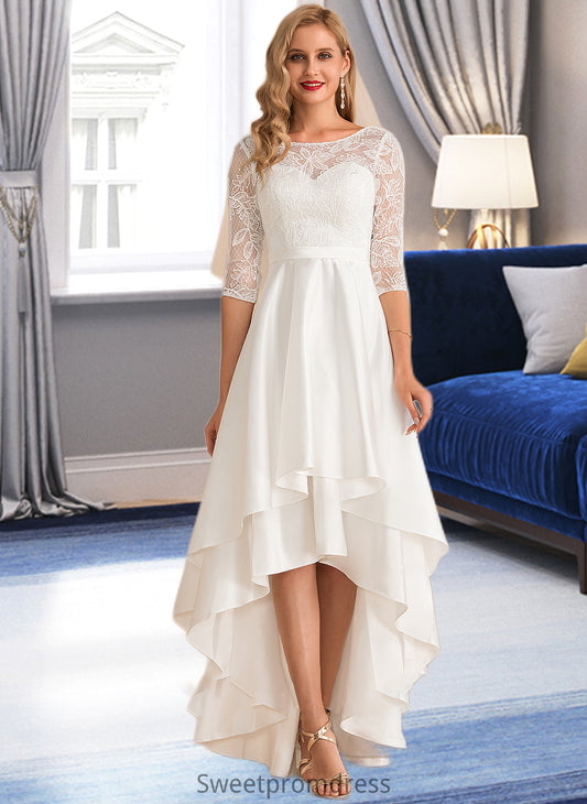 Jessica A-Line Scoop Neck Asymmetrical Satin Lace Wedding Dress DHP0013684