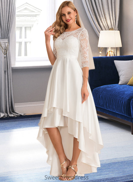 Jessica A-Line Scoop Neck Asymmetrical Satin Lace Wedding Dress DHP0013684