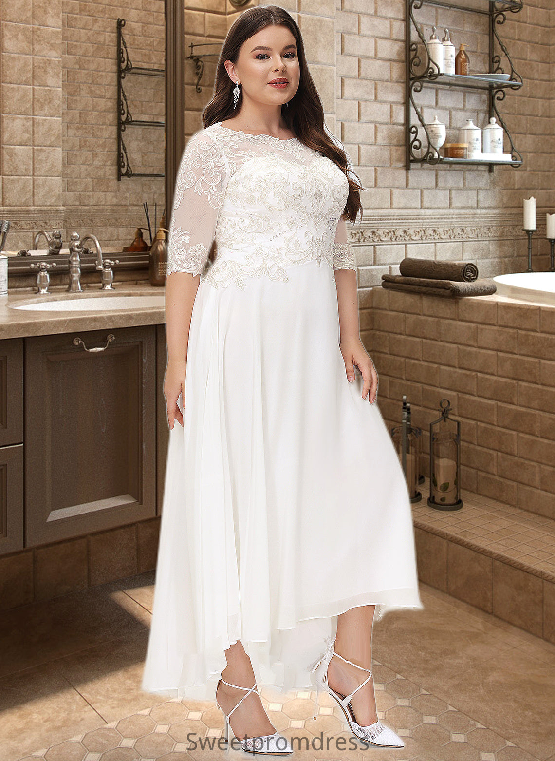 Zariah A-Line Scoop Neck Asymmetrical Chiffon Wedding Dress With Beading Sequins DHP0013686