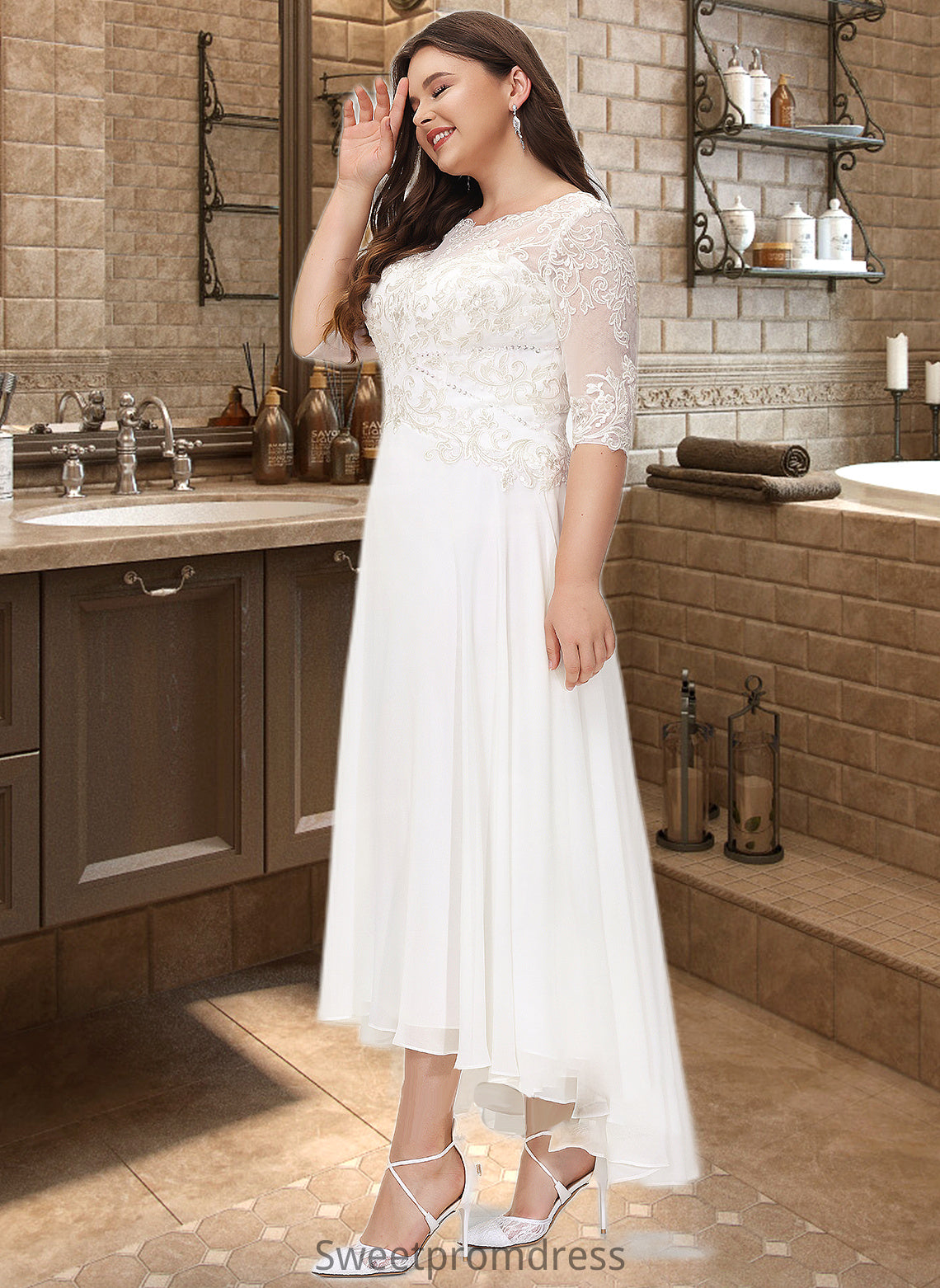 Zariah A-Line Scoop Neck Asymmetrical Chiffon Wedding Dress With Beading Sequins DHP0013686