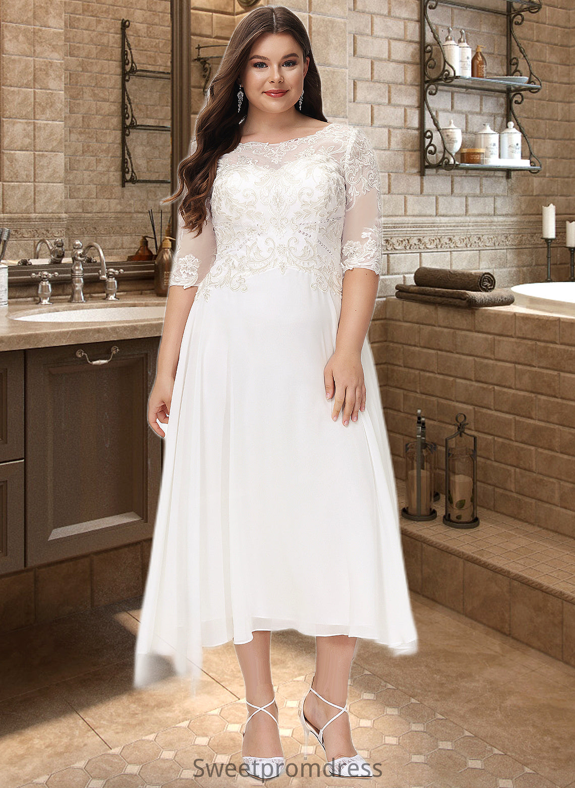 Zariah A-Line Scoop Neck Asymmetrical Chiffon Wedding Dress With Beading Sequins DHP0013686