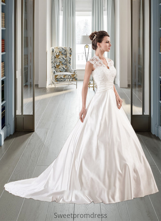 Rosalyn Ball-Gown/Princess V-neck Court Train Satin Lace Wedding Dress With Ruffle DHP0013688