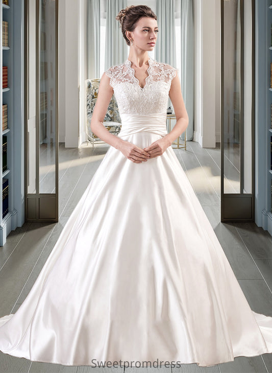 Rosalyn Ball-Gown/Princess V-neck Court Train Satin Lace Wedding Dress With Ruffle DHP0013688