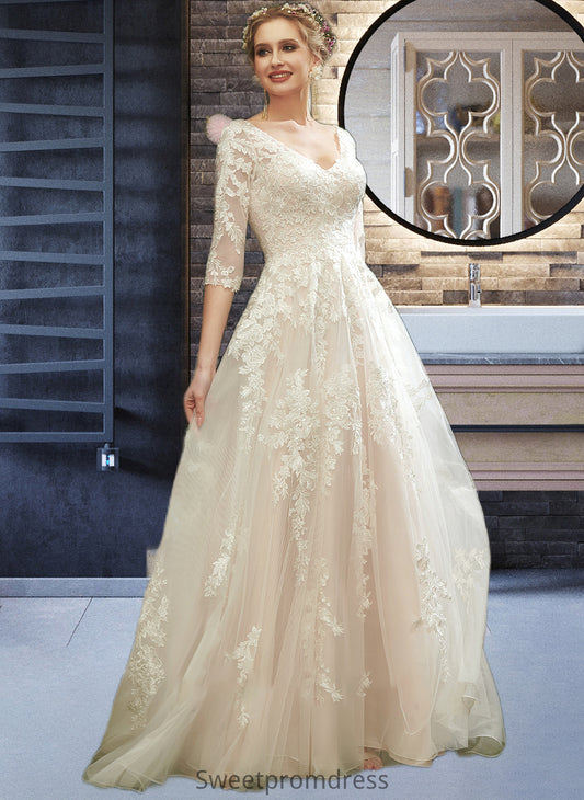 Kailey A-Line V-neck Court Train Wedding Dress With Sequins DHP0013690