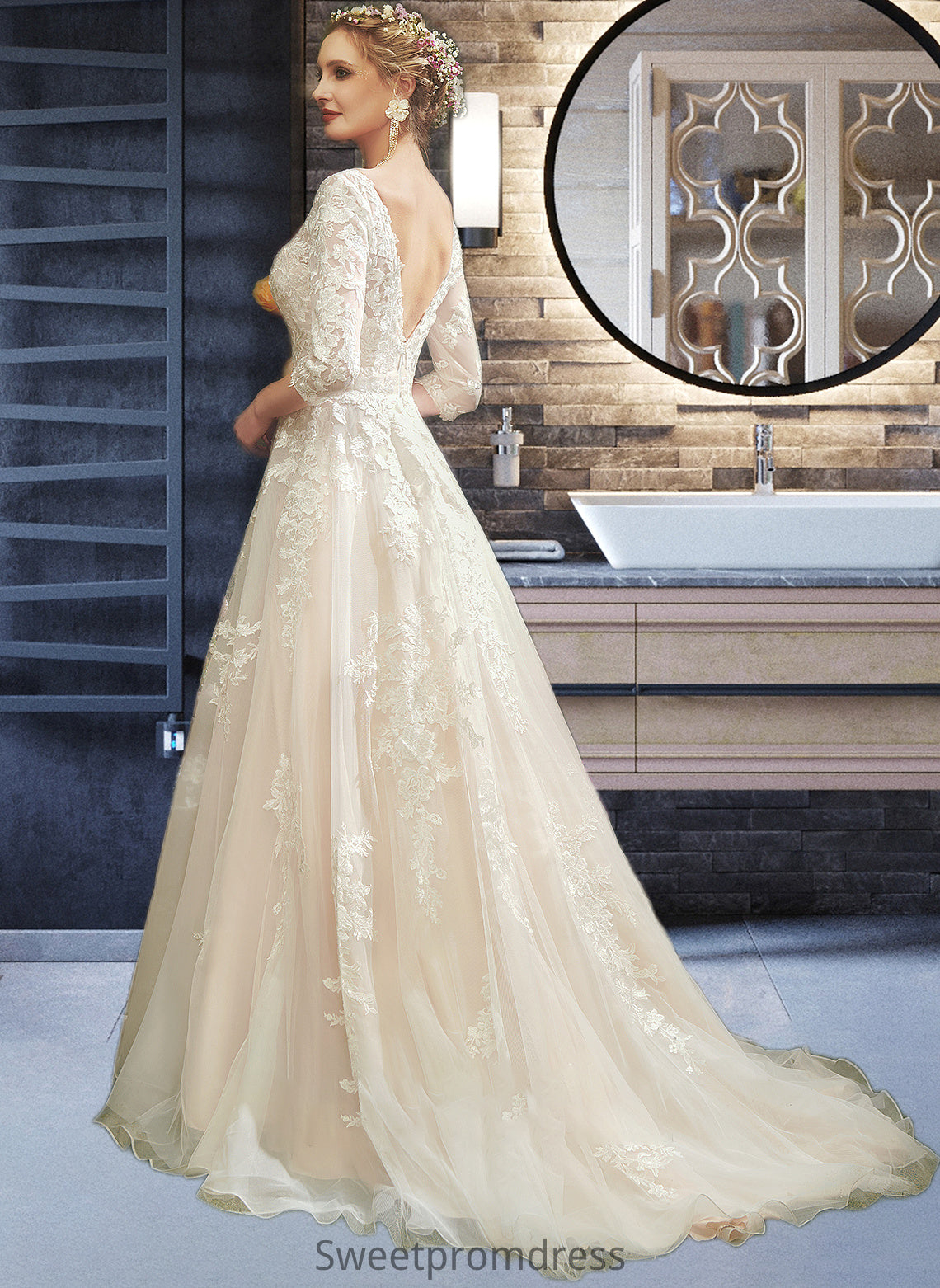 Kailey A-Line V-neck Court Train Wedding Dress With Sequins DHP0013690