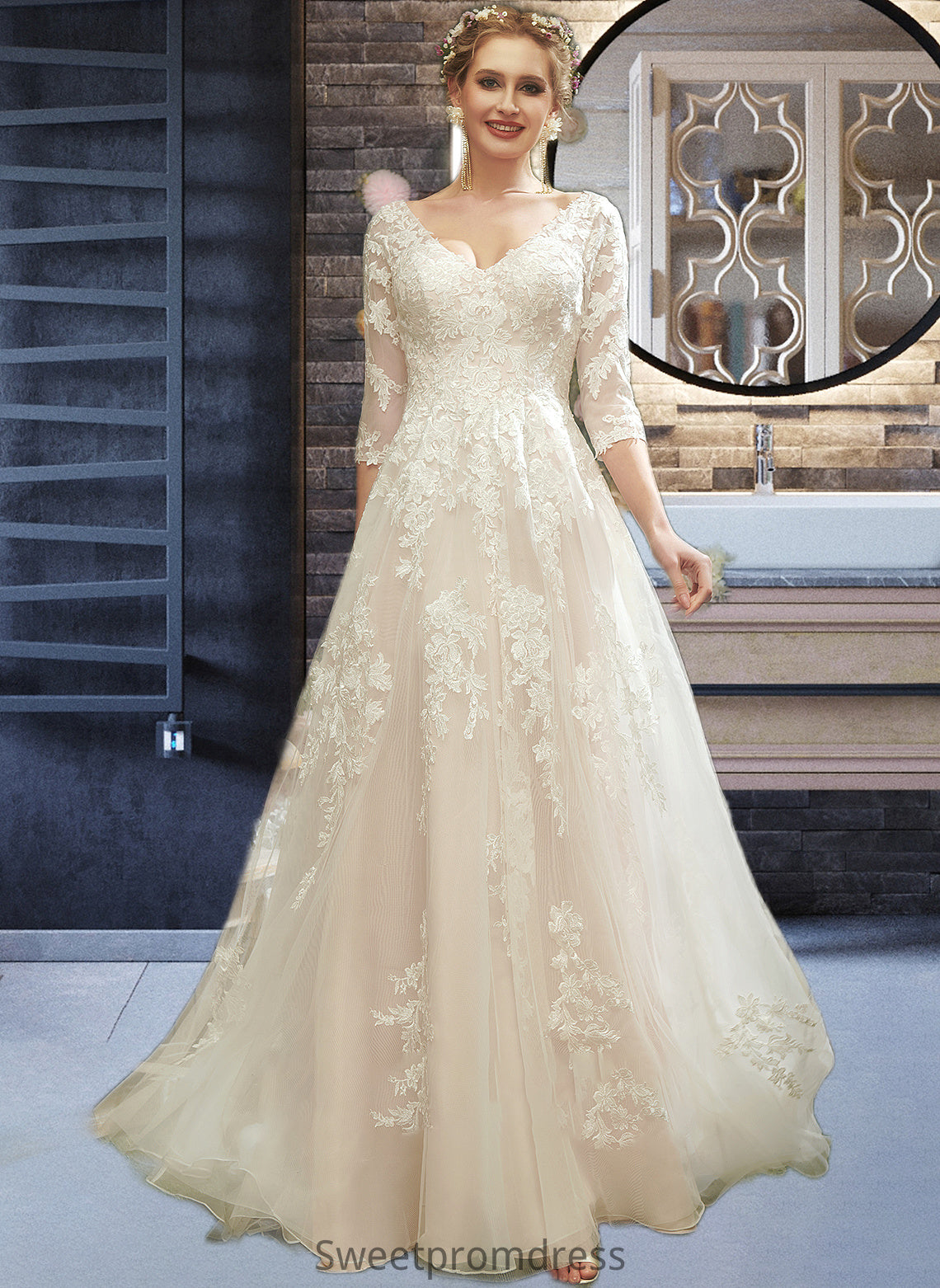 Kailey A-Line V-neck Court Train Wedding Dress With Sequins DHP0013690