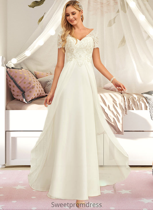 Adelyn A-Line V-neck Floor-Length Chiffon Lace Wedding Dress With Lace DHP0013691