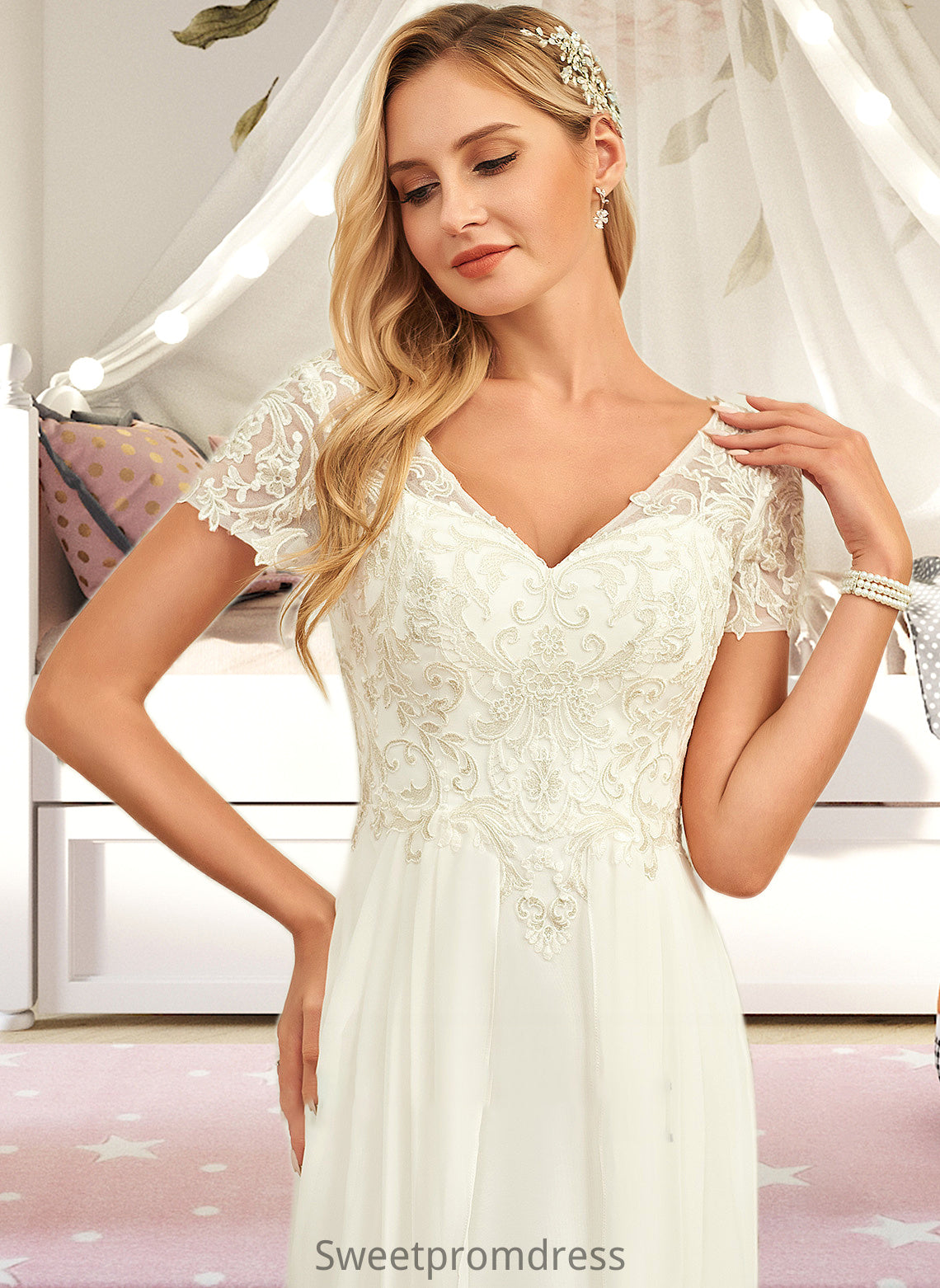 Adelyn A-Line V-neck Floor-Length Chiffon Lace Wedding Dress With Lace DHP0013691