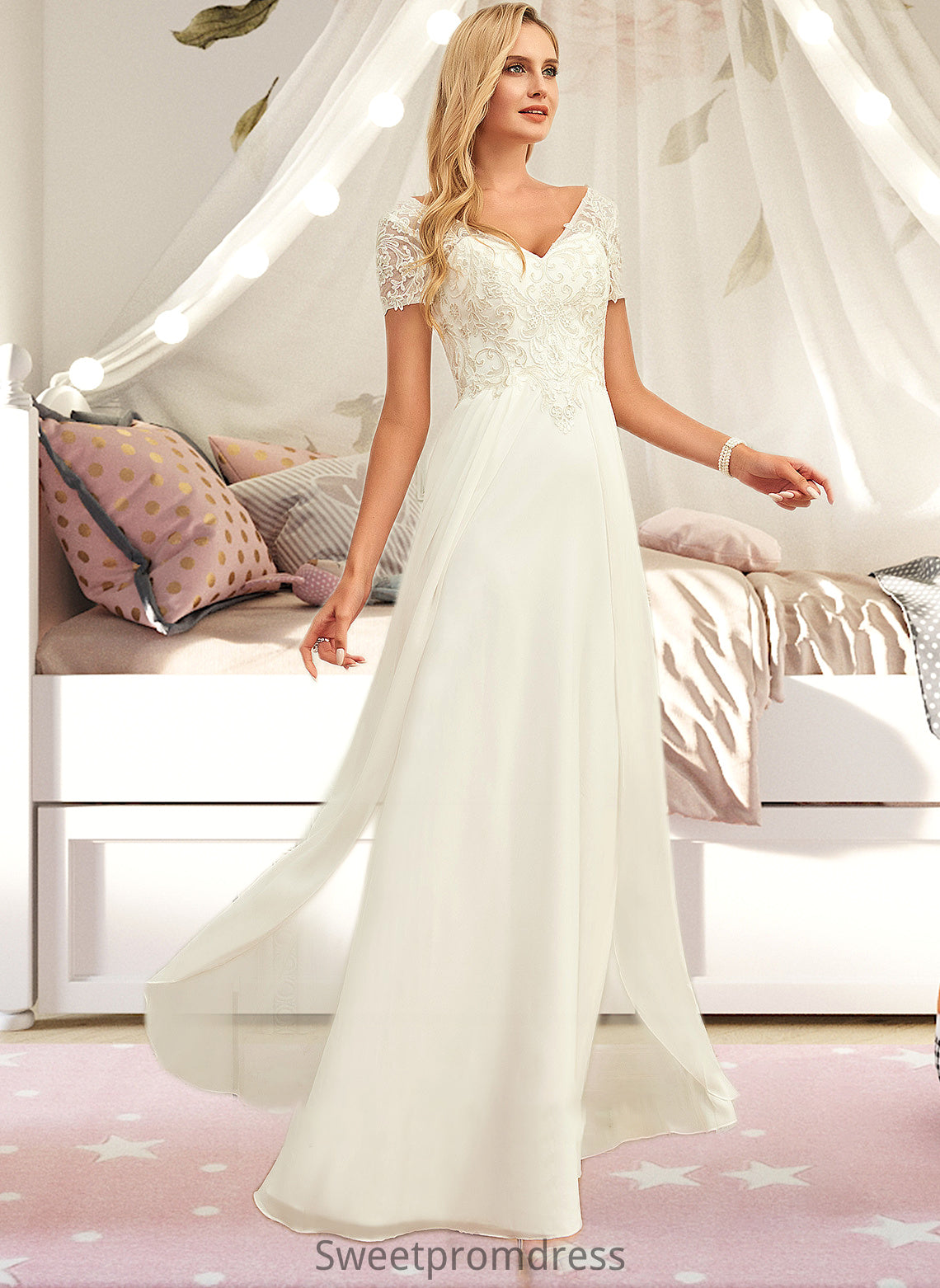 Adelyn A-Line V-neck Floor-Length Chiffon Lace Wedding Dress With Lace DHP0013691