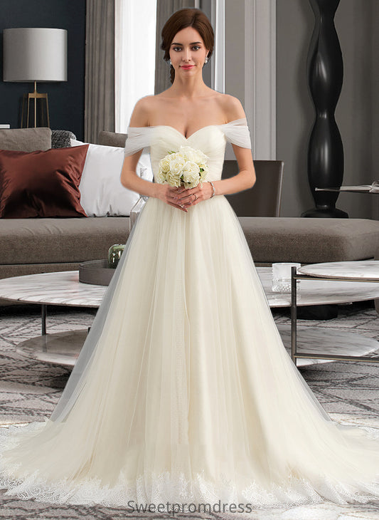 Carmen Ball-Gown/Princess Off-the-Shoulder Court Train Tulle Lace Wedding Dress With Ruffle DHP0013692