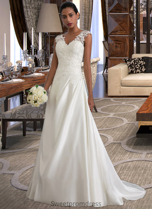 Mercedes Ball-Gown/Princess V-neck Sweep Train Satin Wedding Dress With Ruffle Beading Sequins DHP0013693