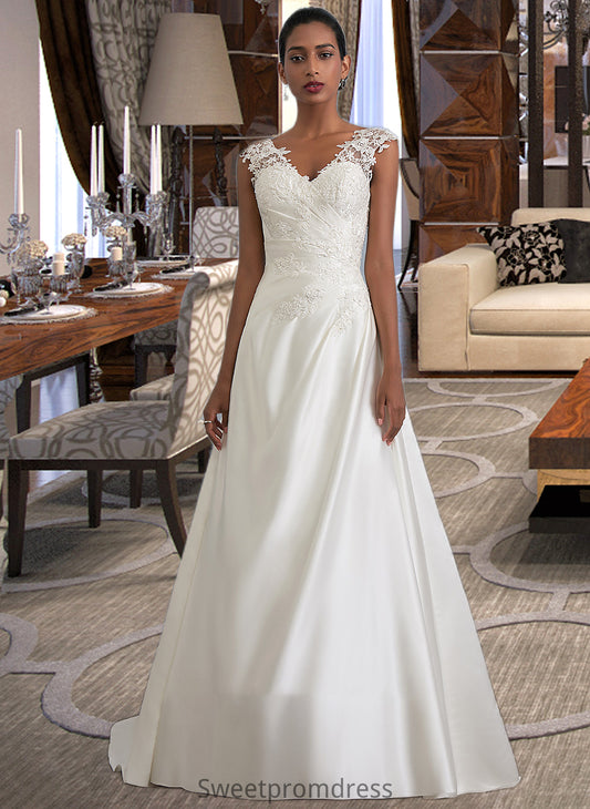 Mercedes Ball-Gown/Princess V-neck Sweep Train Satin Wedding Dress With Ruffle Beading Sequins DHP0013693