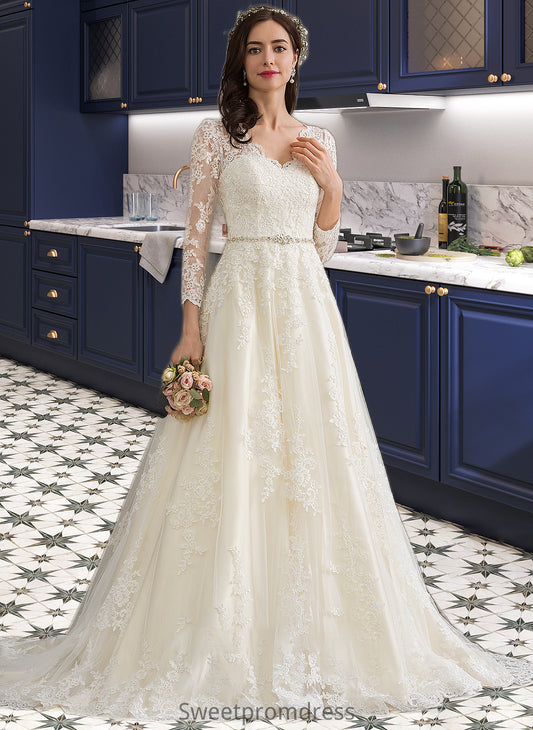 Lizbeth Ball-Gown/Princess V-neck Chapel Train Tulle Wedding Dress With Beading Sequins DHP0013695