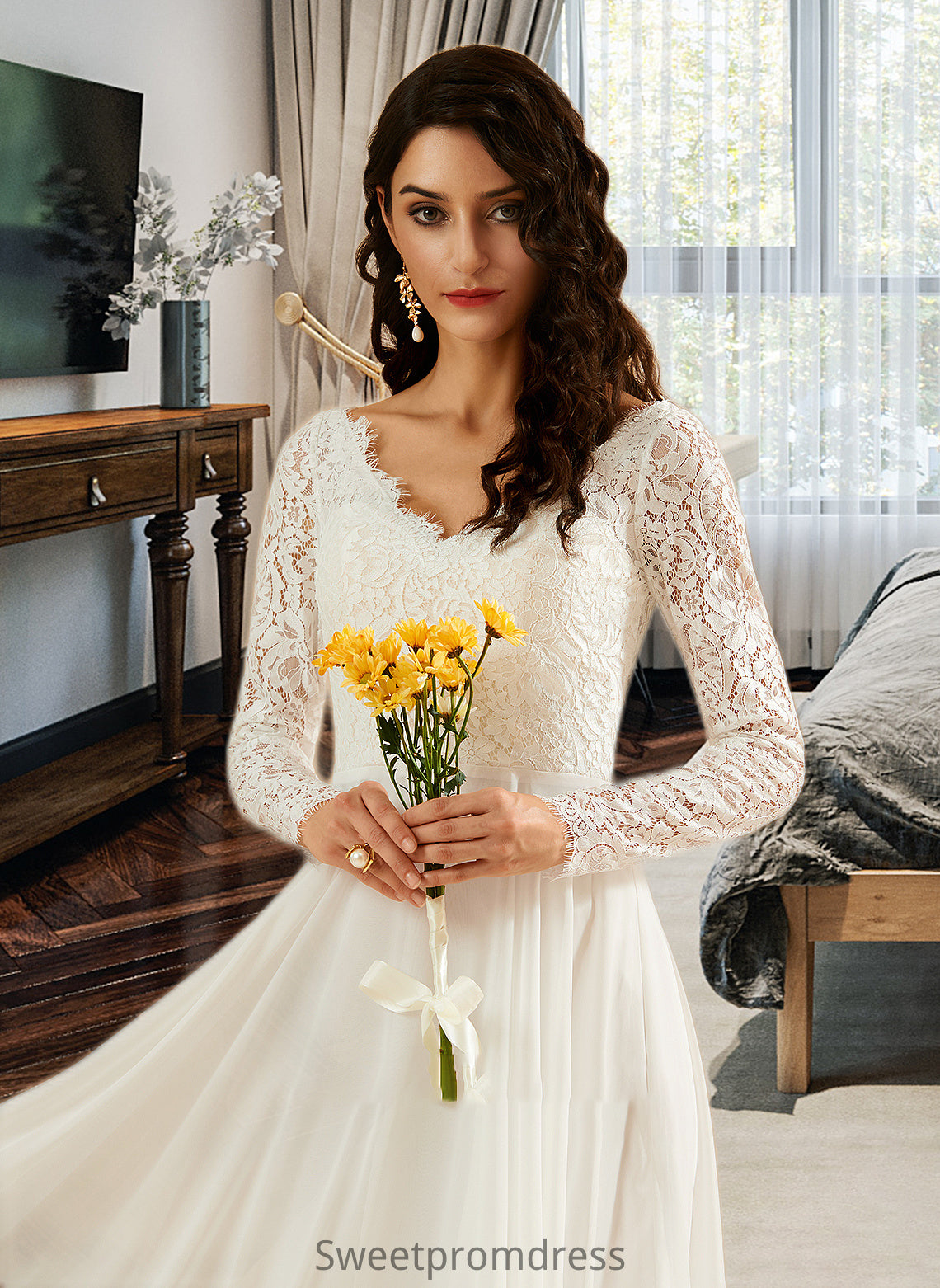 Milagros A-Line V-neck Sweep Train Wedding Dress With Lace DHP0013696