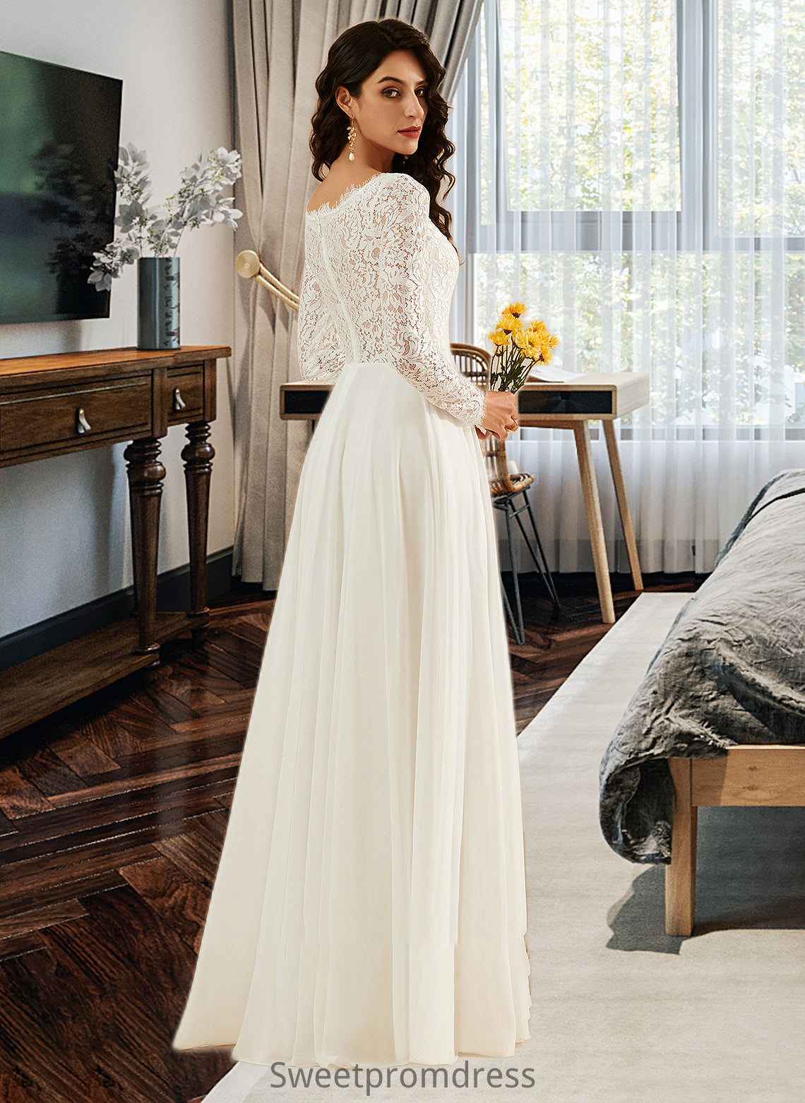 Milagros A-Line V-neck Sweep Train Wedding Dress With Lace DHP0013696