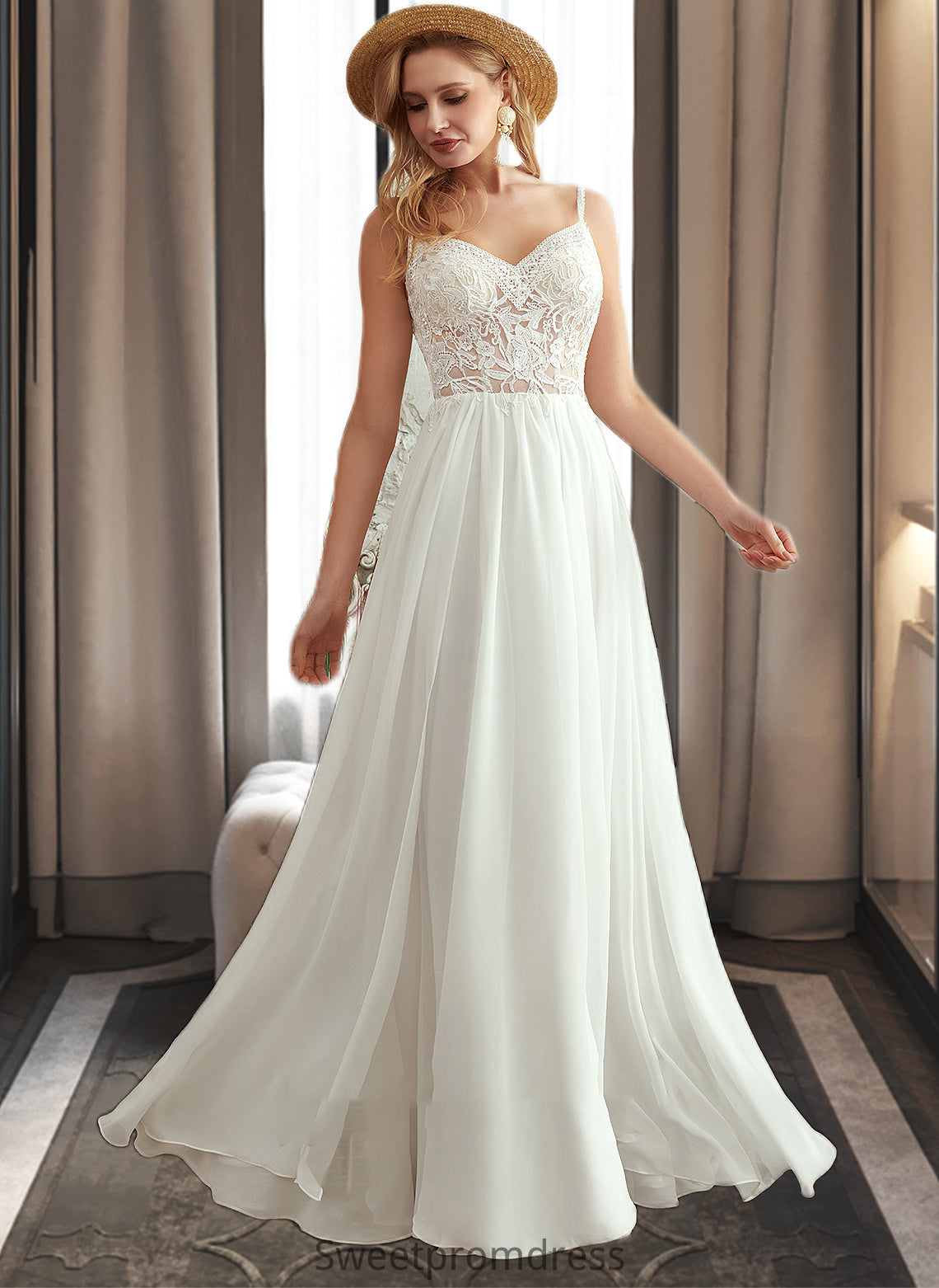 Yaretzi A-Line V-neck Floor-Length Wedding Dress With Beading Split Front DHP0013697