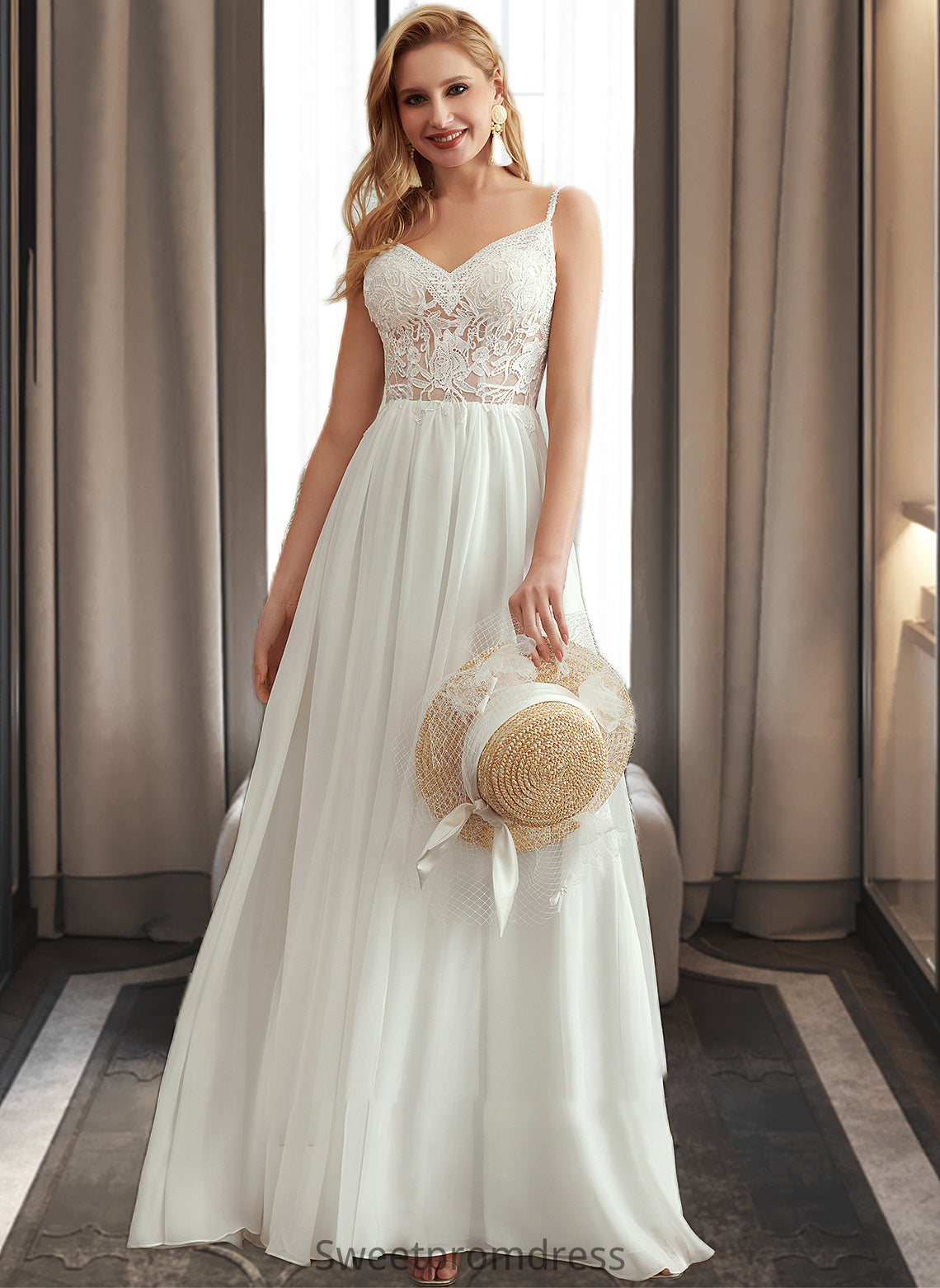 Yaretzi A-Line V-neck Floor-Length Wedding Dress With Beading Split Front DHP0013697