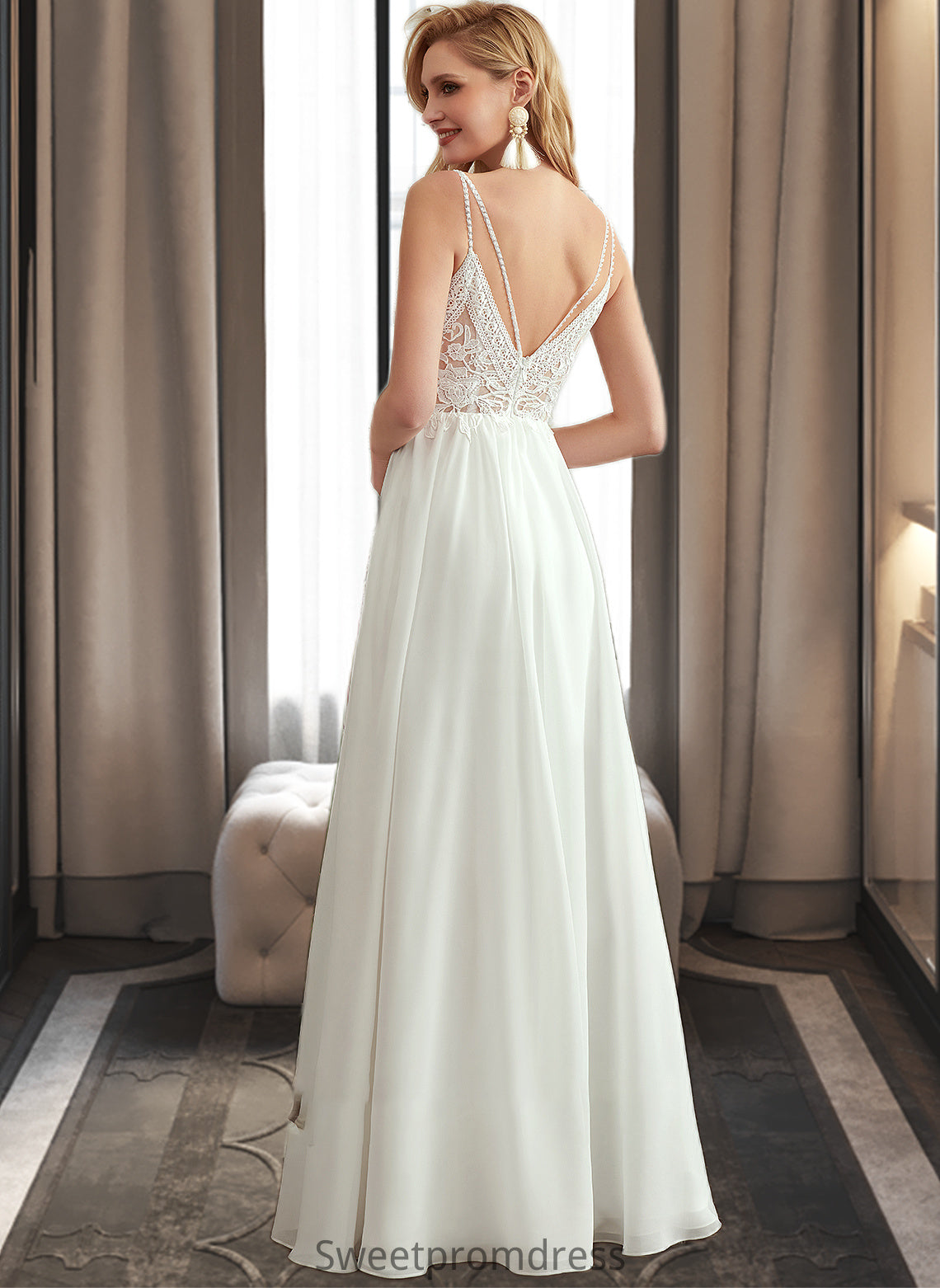 Yaretzi A-Line V-neck Floor-Length Wedding Dress With Beading Split Front DHP0013697